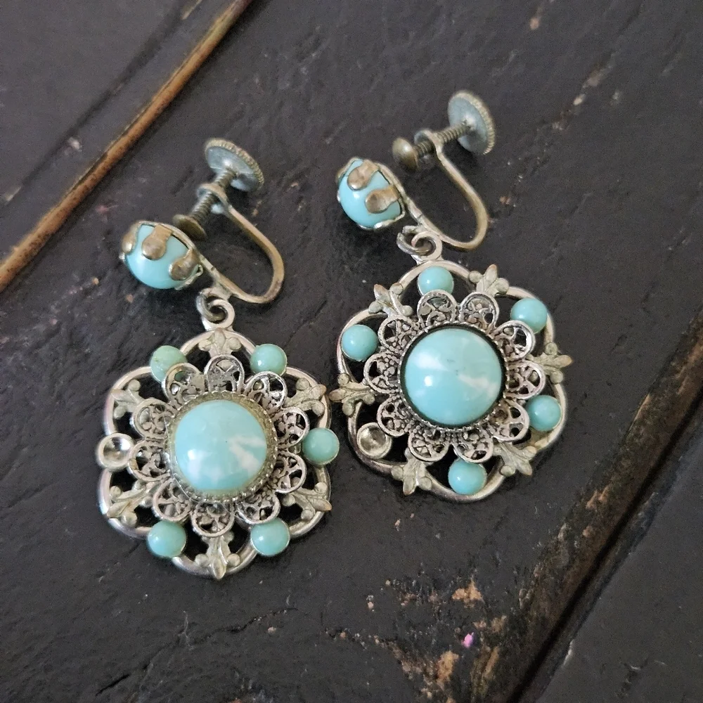 Vintage Faux Turquoise Twist Clip-On Earrings Western Women's Jewelry